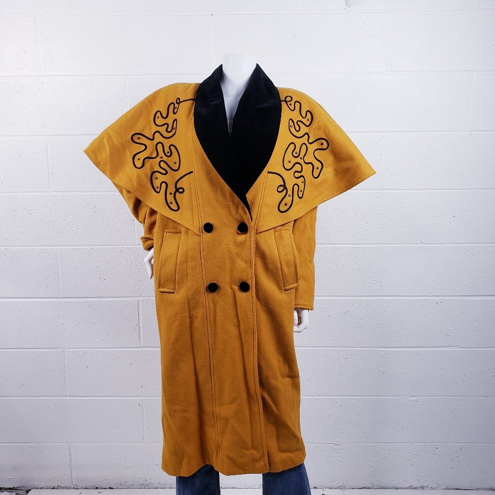 Vintage Cape Trench‎ Coat Double Breasted Wool Embellished Mustard Yellow Large
